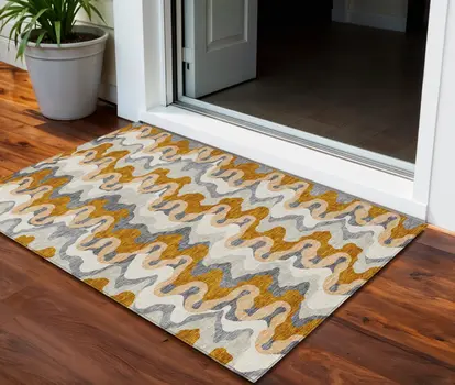 3' X 5' Terra Cotta Copper And Gray Abstract Washable Indoor Outdoor Area Rug