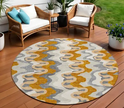 8' Terra Cotta Copper And Gray Round Abstract Washable Indoor Outdoor Area Rug