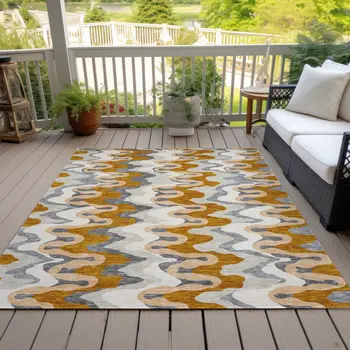 9' X 12' Terra Cotta Copper And Gray Abstract Washable Indoor Outdoor Area Rug