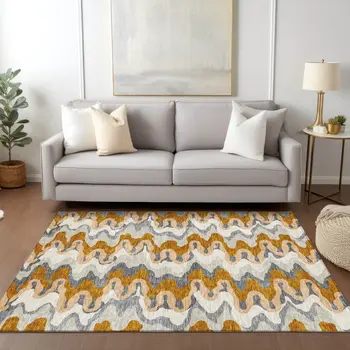 9' X 12' Terra Cotta Copper And Gray Abstract Washable Indoor Outdoor Area Rug