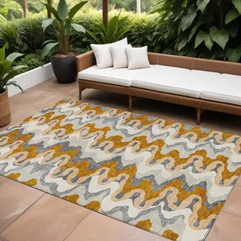 10' X 14' Terra Cotta Copper And Gray Abstract Washable Indoor Outdoor Area Rug