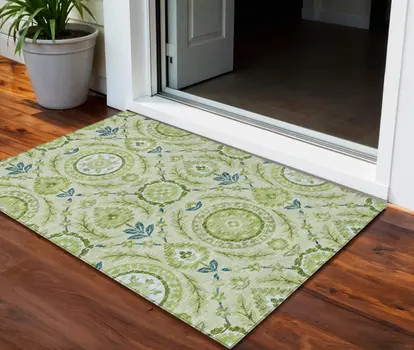 3' X 5' Artichoke Green Olive Green And Blue Floral Washable Indoor Outdoor Area Rug