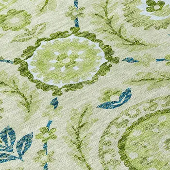 3' X 5' Artichoke Green Olive Green And Blue Floral Washable Indoor Outdoor Area Rug