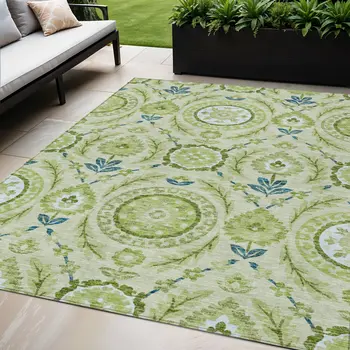 5' X 8' Artichoke Green Olive Green And Blue Floral Washable Indoor Outdoor Area Rug