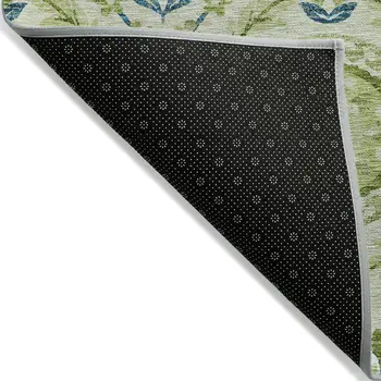 5' X 8' Artichoke Green Olive Green And Blue Floral Washable Indoor Outdoor Area Rug