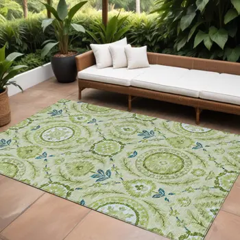 8' X 10' Artichoke Green Olive Green And Blue Floral Washable Indoor Outdoor Area Rug