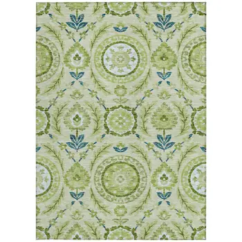 9' X 12' Artichoke Green Olive Green And Blue Floral Washable Indoor Outdoor Area Rug