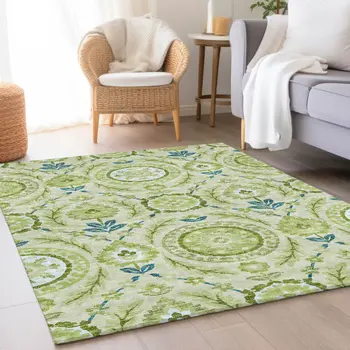 9' X 12' Artichoke Green Olive Green And Blue Floral Washable Indoor Outdoor Area Rug