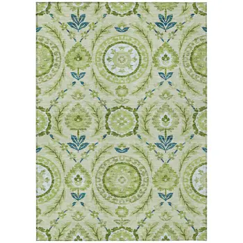 10' X 14' Artichoke Green Olive Green And Blue Floral Washable Indoor Outdoor Area Rug