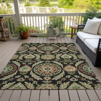 3' X 5' Black Gold And Copper Floral Washable Indoor Outdoor Area Rug