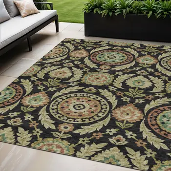 5' X 8' Black Gold And Copper Floral Washable Indoor Outdoor Area Rug