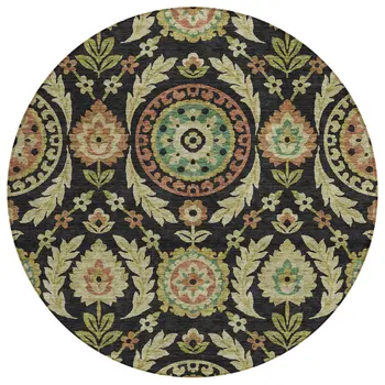 8' Black Gold And Copper Round Floral Washable Indoor Outdoor Area Rug