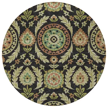 8' Black Gold And Copper Round Floral Washable Indoor Outdoor Area Rug