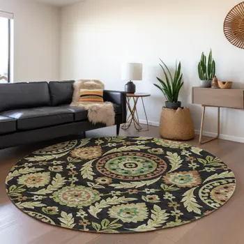8' Black Gold And Copper Round Floral Washable Indoor Outdoor Area Rug