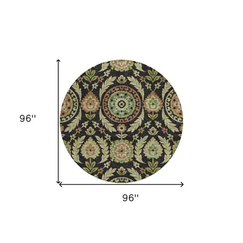 8' Black Gold And Copper Round Floral Washable Indoor Outdoor Area Rug
