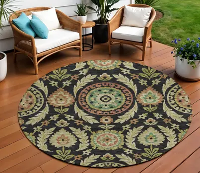 8' Black Gold And Copper Round Floral Washable Indoor Outdoor Area Rug
