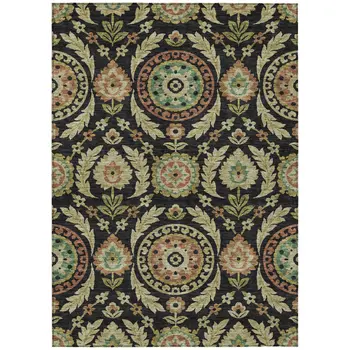 8' X 10' Black Gold And Copper Floral Washable Indoor Outdoor Area Rug