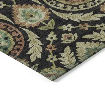 8' X 10' Black Gold And Copper Floral Washable Indoor Outdoor Area Rug