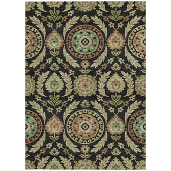 8' X 10' Black Gold And Copper Floral Washable Indoor Outdoor Area Rug