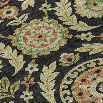 8' X 10' Black Gold And Copper Floral Washable Indoor Outdoor Area Rug
