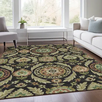 8' X 10' Black Gold And Copper Floral Washable Indoor Outdoor Area Rug
