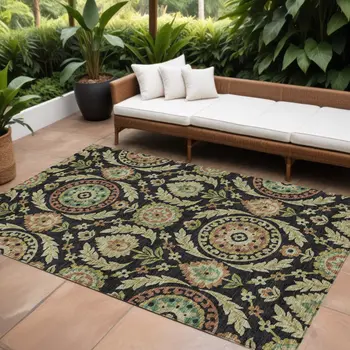 9' X 12' Black Gold And Copper Floral Washable Indoor Outdoor Area Rug