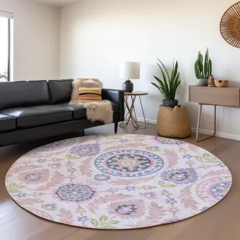 8' Blush Lavender And Purple Round Floral Washable Indoor Outdoor Area Rug