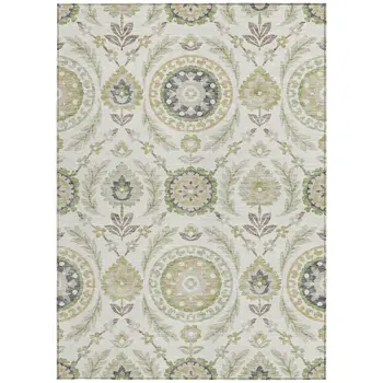 3' X 5' Ivory Beige And Taupe Floral Washable Indoor Outdoor Area Rug