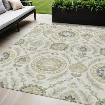 5' X 8' Ivory Beige And Taupe Floral Washable Indoor Outdoor Area Rug