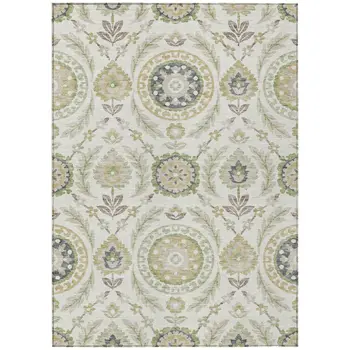 10' X 14' Ivory Beige And Taupe Floral Washable Indoor Outdoor Area Rug