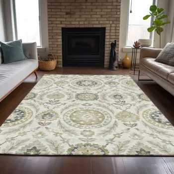 10' X 14' Ivory Beige And Taupe Floral Washable Indoor Outdoor Area Rug