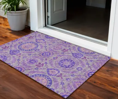 3' X 5' Lavender Lilac And Gray Floral Washable Indoor Outdoor Area Rug