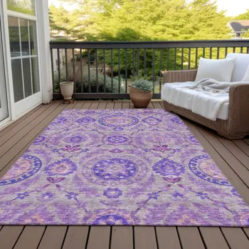 5' X 8' Lavender Lilac And Gray Floral Washable Indoor Outdoor Area Rug