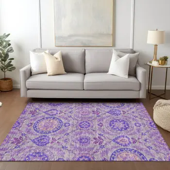 5' X 8' Lavender Lilac And Gray Floral Washable Indoor Outdoor Area Rug