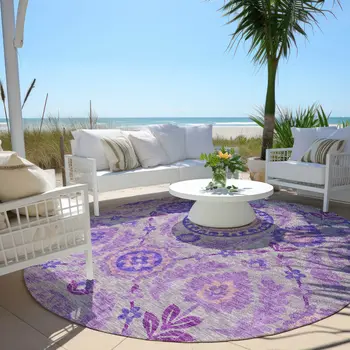 8' Lavender Lilac And Gray Round Floral Washable Indoor Outdoor Area Rug
