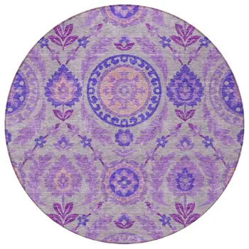 8' Lavender Lilac And Gray Round Floral Washable Indoor Outdoor Area Rug