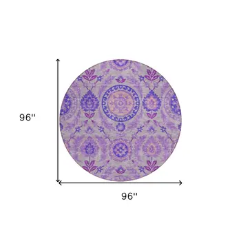 8' Lavender Lilac And Gray Round Floral Washable Indoor Outdoor Area Rug