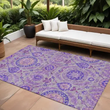 10' X 14' Lavender Lilac And Gray Floral Washable Indoor Outdoor Area Rug