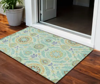 3' X 5' Mint Green Teal Blue And Beige Floral Washable Indoor Outdoor Area Rug