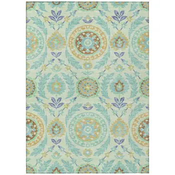 3' X 5' Mint Green Teal Blue And Beige Floral Washable Indoor Outdoor Area Rug