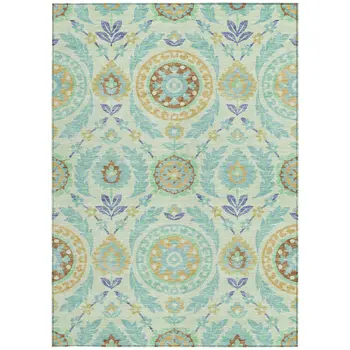 3' X 5' Mint Green Teal Blue And Beige Floral Washable Indoor Outdoor Area Rug