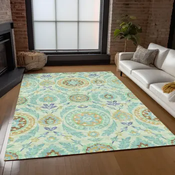 3' X 5' Mint Green Teal Blue And Beige Floral Washable Indoor Outdoor Area Rug