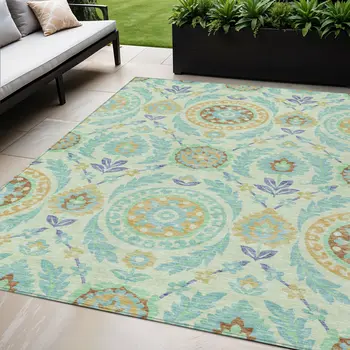 5' X 8' Mint Green Teal Blue And Beige Floral Washable Indoor Outdoor Area Rug