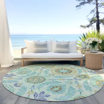 8' Mint Green Teal Blue And Beige Round Floral Washable Indoor Outdoor Area Rug