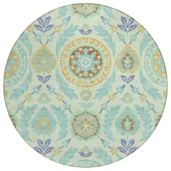 8' Mint Green Teal Blue And Beige Round Floral Washable Indoor Outdoor Area Rug