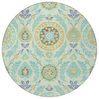 8' Mint Green Teal Blue And Beige Round Floral Washable Indoor Outdoor Area Rug