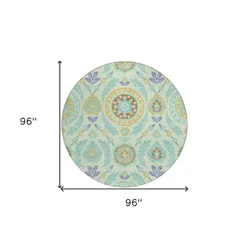 8' Mint Green Teal Blue And Beige Round Floral Washable Indoor Outdoor Area Rug