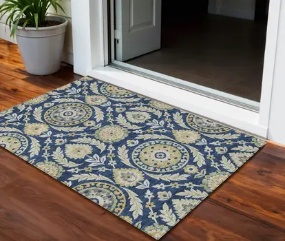 3' X 5' Navy Blue Gold And Beige Floral Washable Indoor Outdoor Area Rug