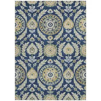 3' X 5' Navy Blue Gold And Beige Floral Washable Indoor Outdoor Area Rug