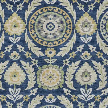 5' X 8' Navy Blue Gold And Beige Floral Washable Indoor Outdoor Area Rug